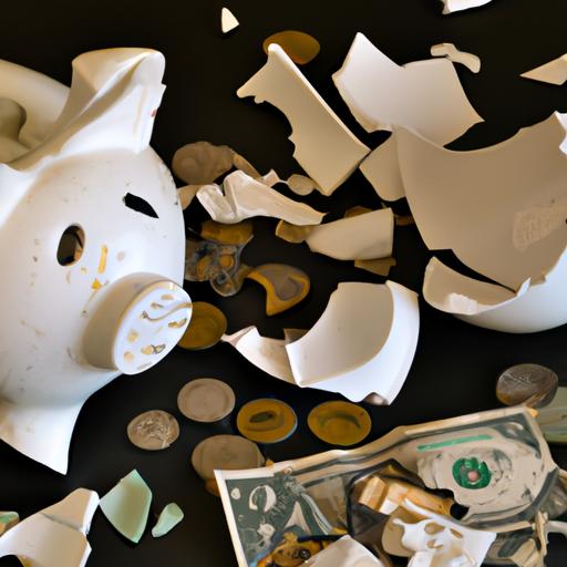 Financial consequences of gambling addiction represented by a broken piggy bank and scattered money.