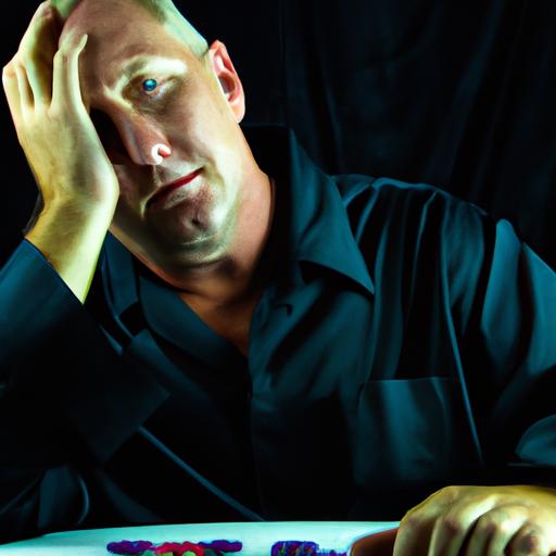 A person exhibiting signs of gambling addiction at a casino table.