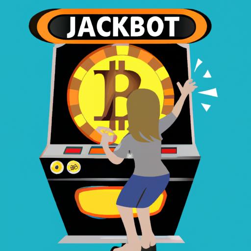 A person jumps up in excitement as they hit the jackpot at a Bitcoin slot machine.