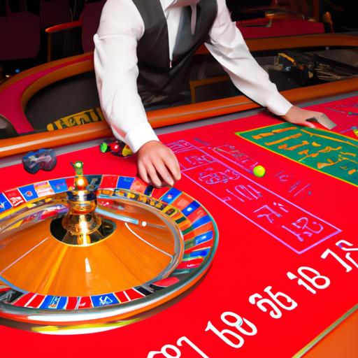 The dealer prepares to spin the roulette wheel, while players place their bets on the table.